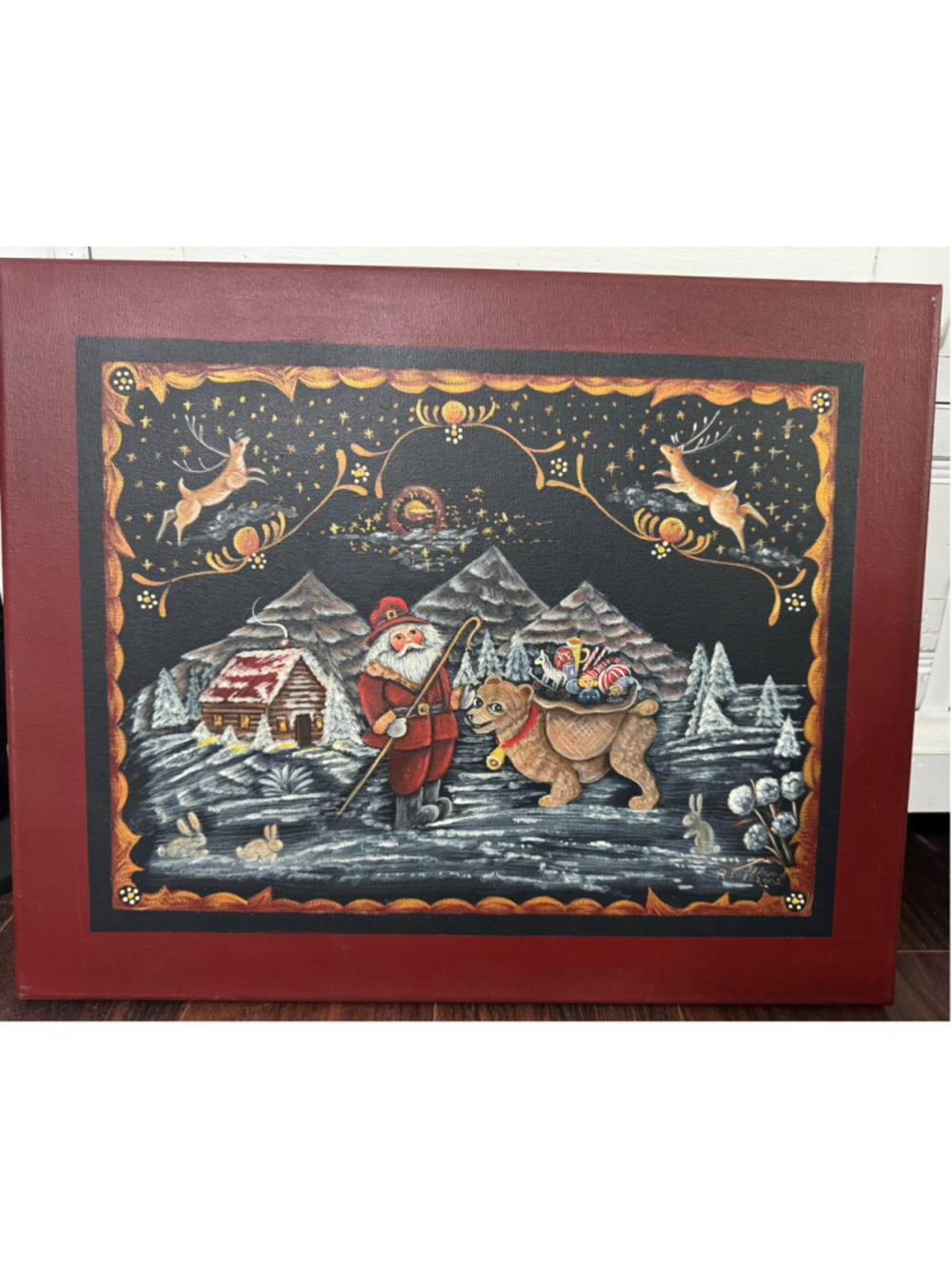 Original R. Coffand Folk Art Christmas Santa Bear Reindeer Painting 2002 20x16